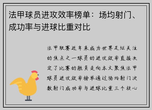 法甲球员进攻效率榜单：场均射门、成功率与进球比重对比