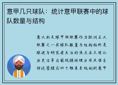意甲几只球队：统计意甲联赛中的球队数量与结构